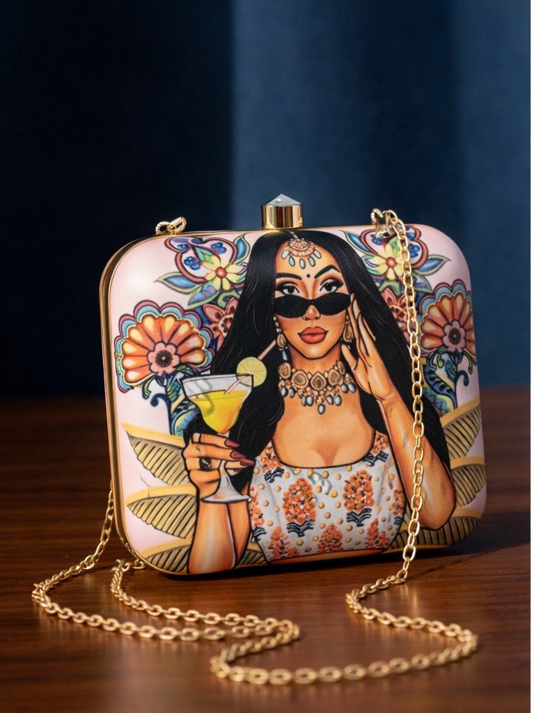 Multicolour Matte Satin Designer Sling Clutch (Beige Base with Gold Chain)